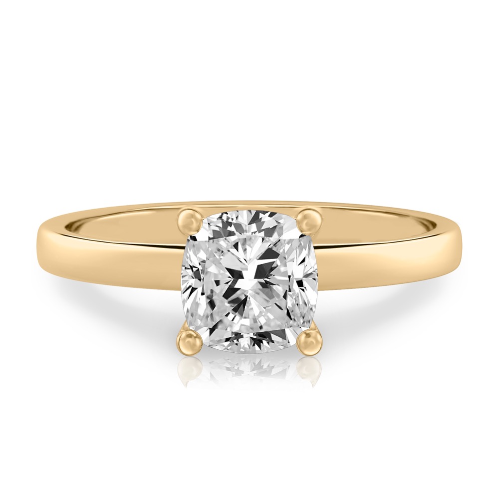 cushion cut diamond basket setting engagement ring yellow gold