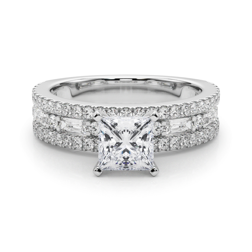 princess cut diamond triple row engagement ring in white gold